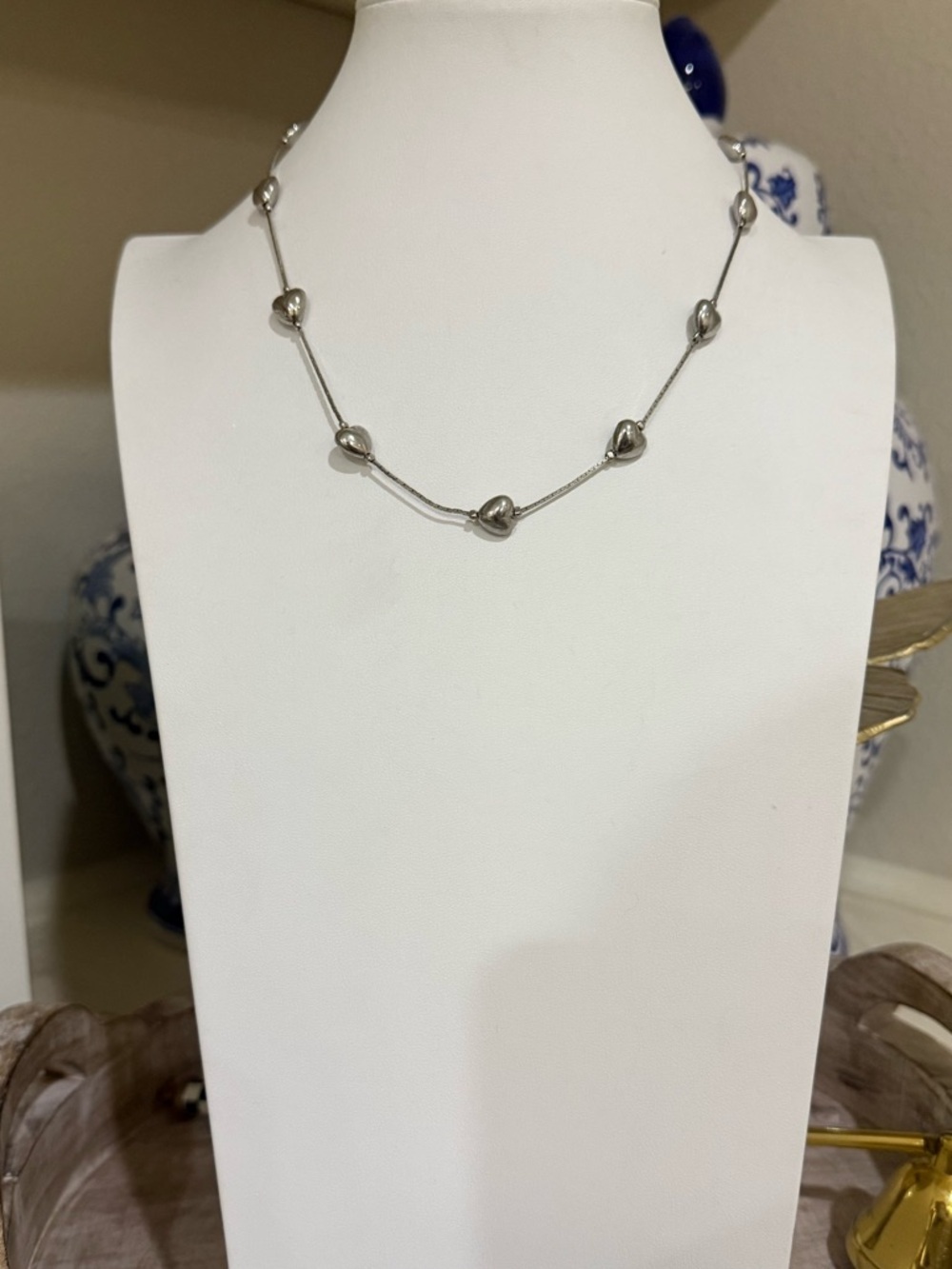 Trifari Silver Tone Puffy Heart Satellite Necklace
